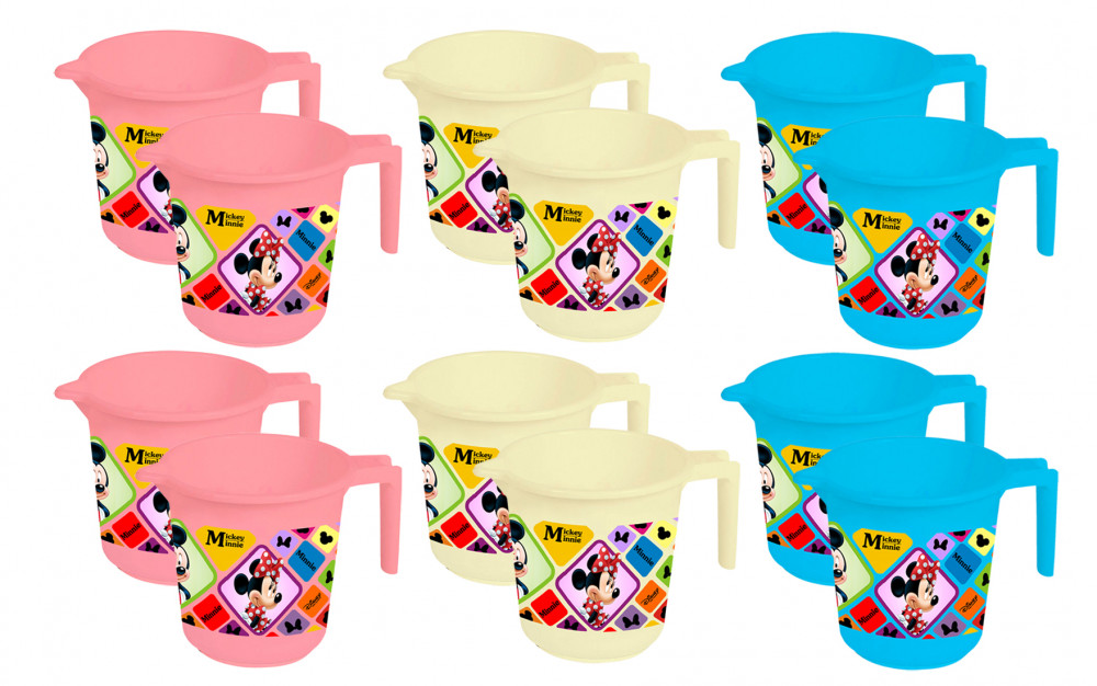 Kuber Industries Disney Mickey Minnie Print 12 Pieces Unbreakable Strong Plastic Bathroom Mug,500 ML (Pink &amp; Cream &amp; Blue) -HS_35_KUBMART17675