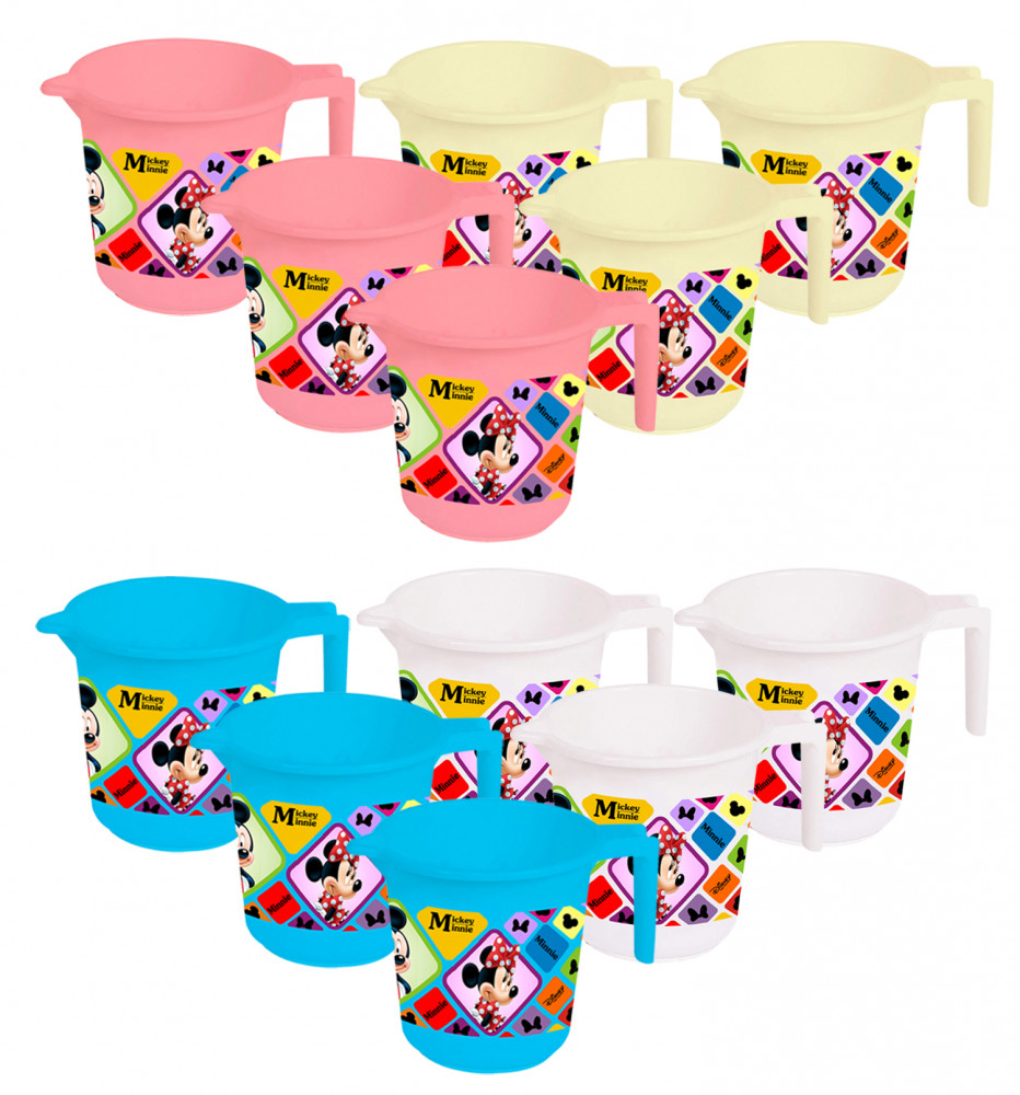 Kuber Industries Disney Mickey Minnie Print 12 Pieces Unbreakable Strong Plastic Bathroom Mug,500 ML (Pink &amp; Cream &amp; Blue &amp; White) -HS_35_KUBMART17689