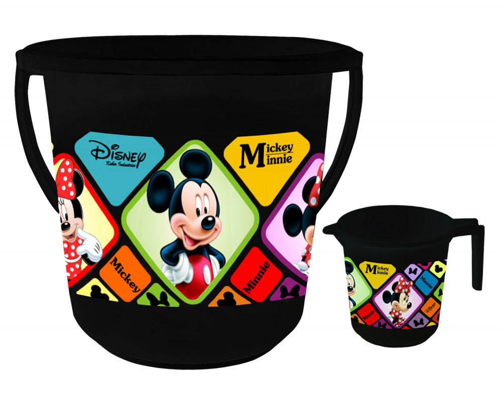 Kuber Industries Disney Mickey Minnie Print 2 Pieces Unbreakable Virgin Plastic Bathroom Bucket With Mug Set- Black, (1 Pc 16 LTR Bucket &amp; 1 Pc 500 ML Mug) -HS_35_KUBMART17933