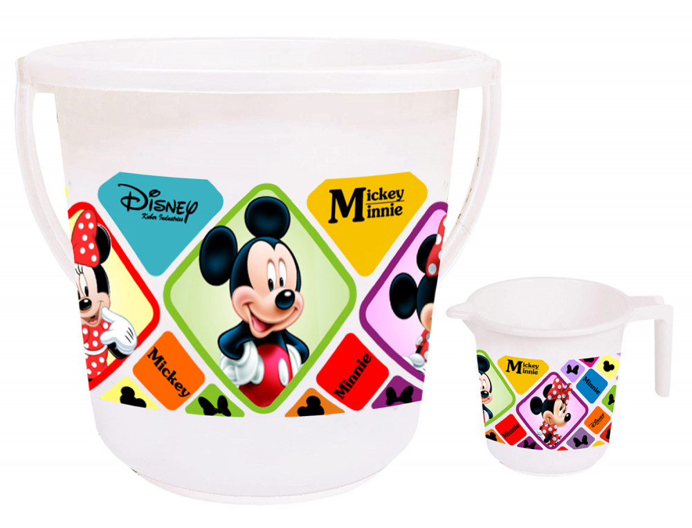 Kuber Industries Disney Mickey Minnie Print 2 Pieces Unbreakable Virgin Plastic Bathroom Bucket With Mug Set- White, (16 LTR Bucket &amp; 500 ML Mug) -HS_35_KUBMART17937