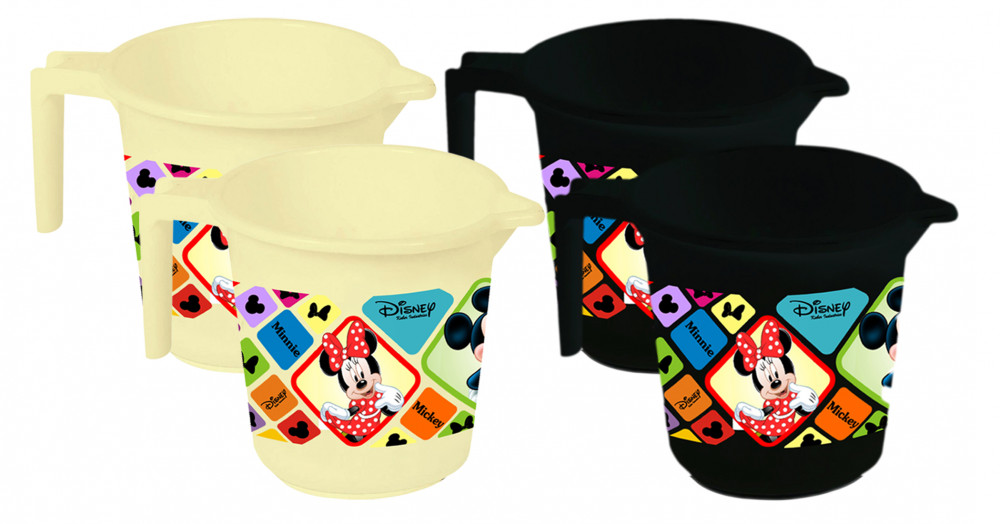 Kuber Industries Disney Mickey Minnie Print 4 Pieces Unbreakable Strong Plastic Bathroom Mug,500 ML (Cream &amp; Black) -HS_35_KUBMART17581