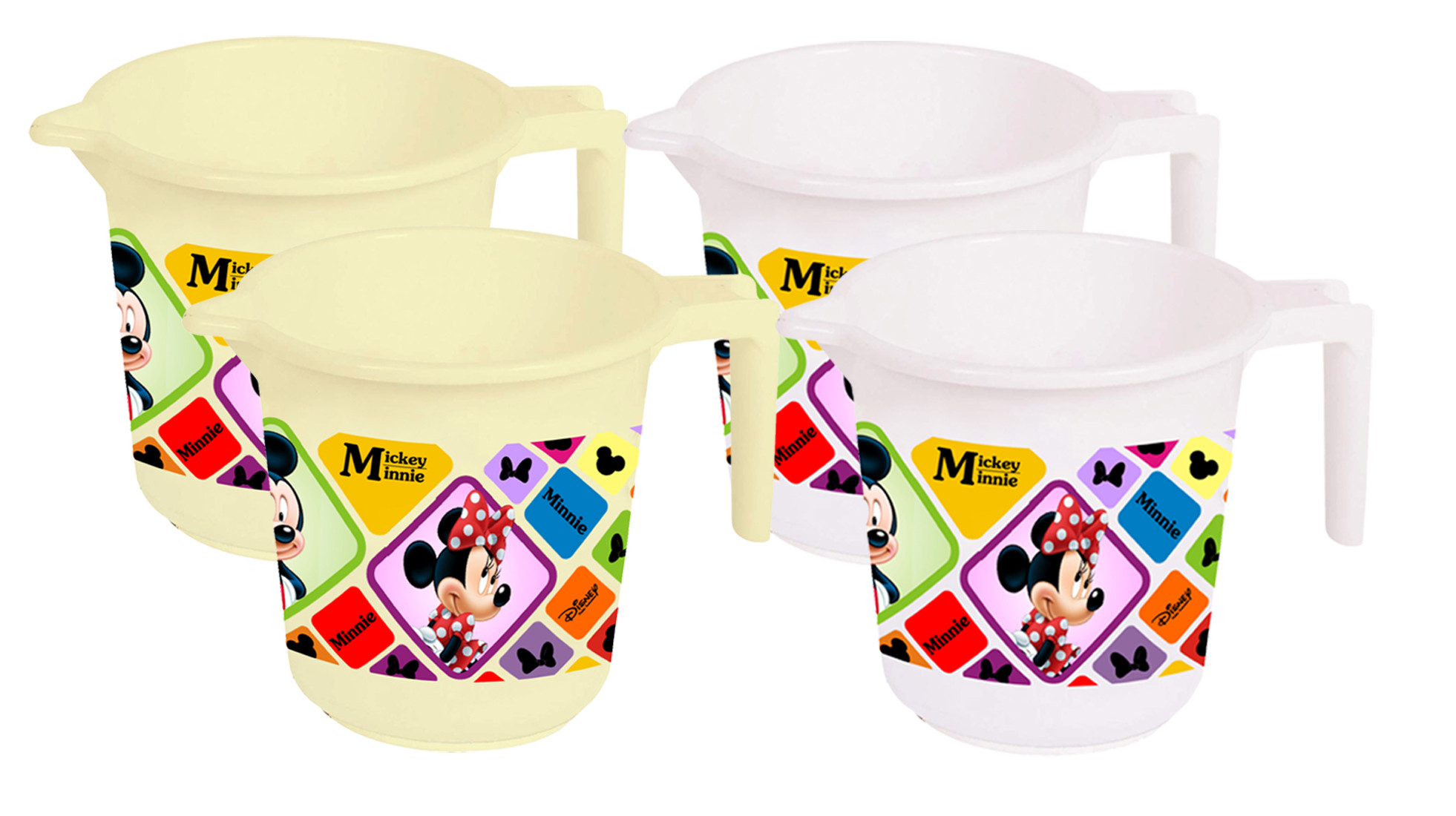 Kuber Industries Disney Mickey Minnie Print 4 Pieces Unbreakable Strong Plastic Bathroom Mug,500 ML (Cream & White) -HS_35_KUBMART17583