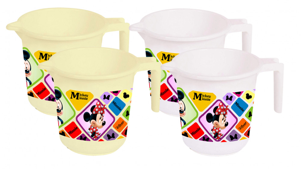Kuber Industries Disney Mickey Minnie Print 4 Pieces Unbreakable Strong Plastic Bathroom Mug,500 ML (Cream &amp; White) -HS_35_KUBMART17583