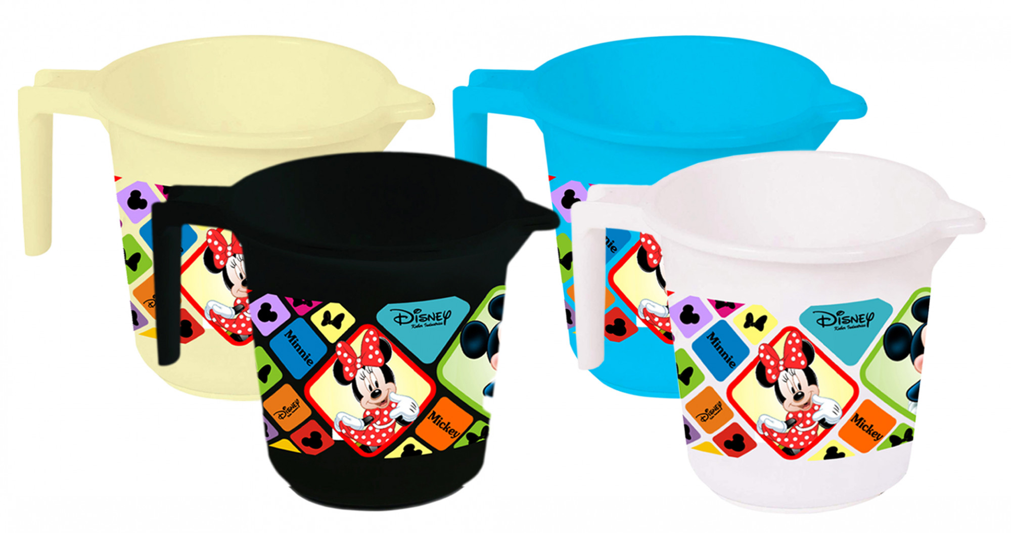 Kuber Industries Disney Mickey Minnie Print 4 Pieces Unbreakable Strong Plastic Bathroom Mug,500 ML (Cream & Blue & Black & White) -HS_35_KUBMART17595