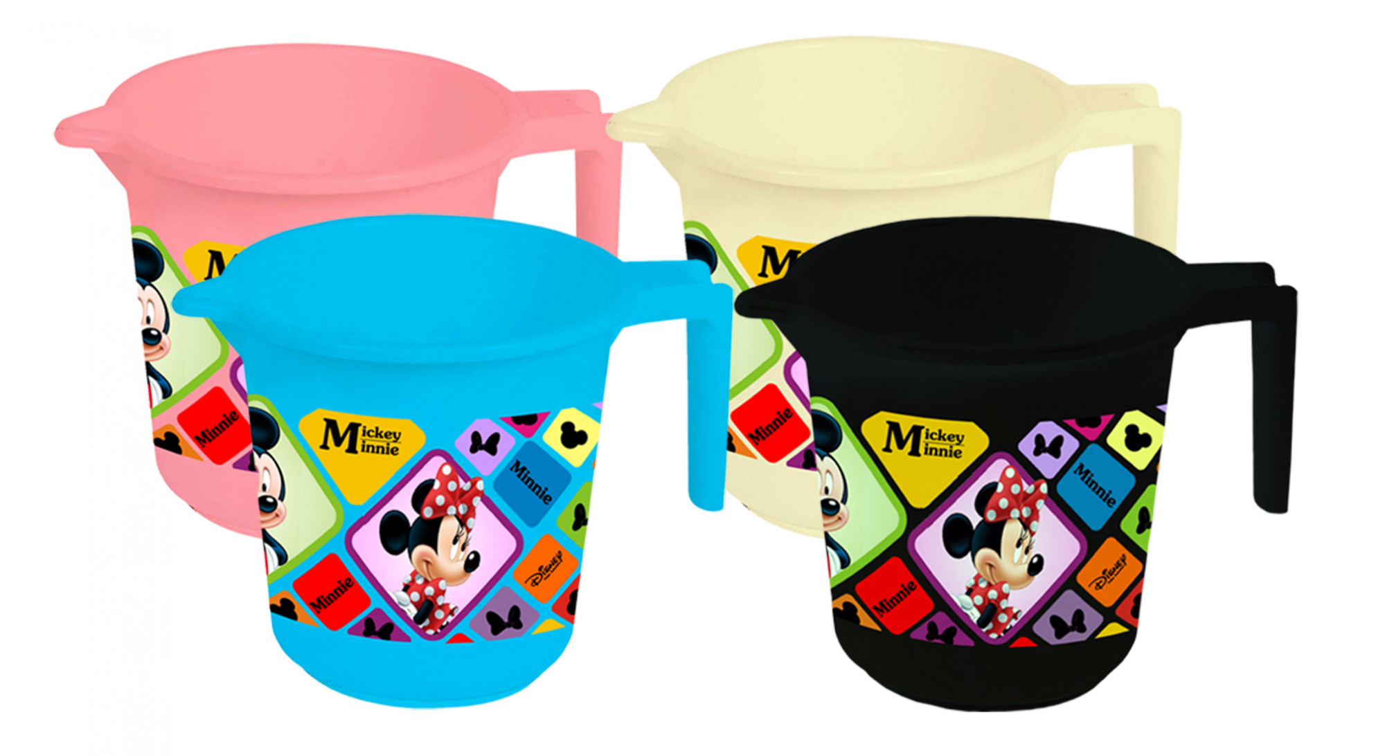 Kuber Industries Disney Mickey Minnie Print 4 Pieces Unbreakable Strong Plastic Bathroom Mug,500 ML (Pink & Cream & Blue & Black) -HS_35_KUBMART17591