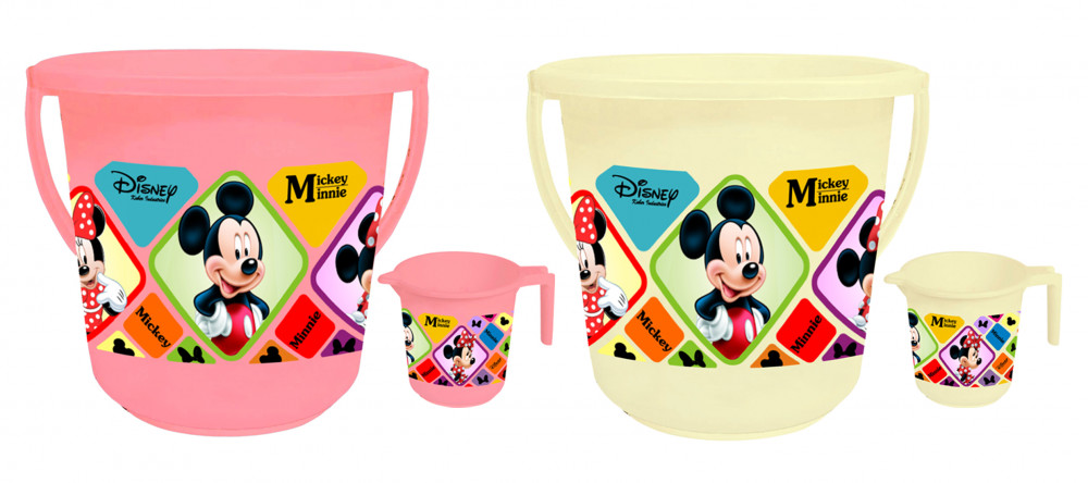 Kuber Industries Disney Mickey Minnie Print 4 Pieces Unbreakable Virgin Plastic Bathroom Bucket With Mug Set- Pink &amp; Cream, (2 Pc 16 LTR Bucket &amp; 2 Pc 500 ML Mug) -HS_35_KUBMART17941