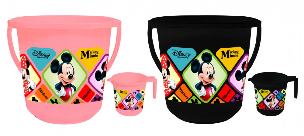 Kuber Industries Disney Mickey Minnie Print 4 Pieces Unbreakable Virgin Plastic Bathroom Bucket With Mug Set- Pink &amp; Black, (2 Pc 16 LTR Bucket &amp; 2 Pc 500 ML Mug) -HS_35_KUBMART17945