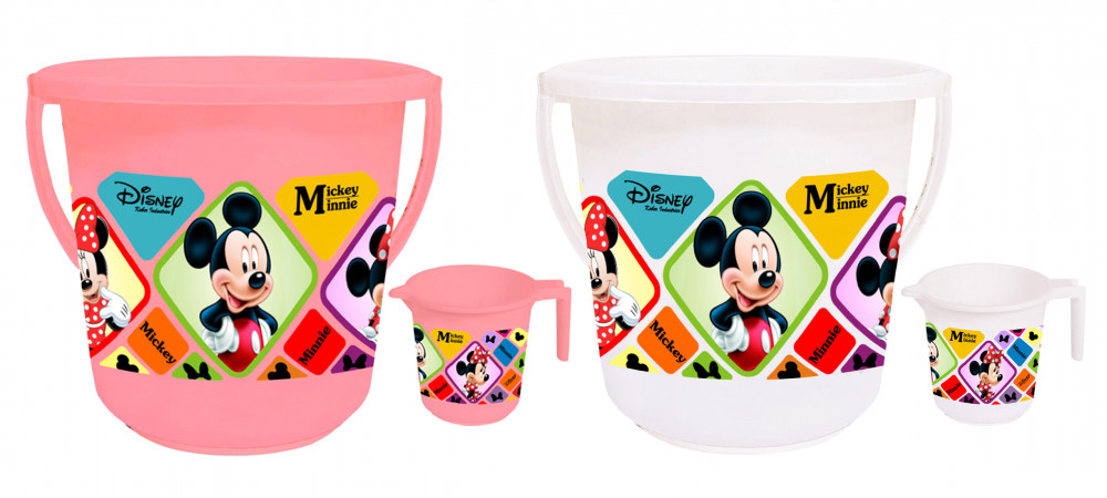 Kuber Industries Disney Mickey Minnie Print 4 Pieces Unbreakable Virgin Plastic Bathroom Bucket With Mug Set- Pink &amp; White, (2 Pc 16 LTR Bucket &amp; 2 Pc 500 ML Mug) -HS_35_KUBMART17947