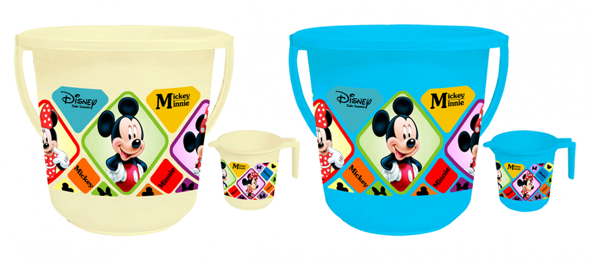Kuber Industries Disney Mickey Minnie Print 4 Pieces Unbreakable Virgin Plastic Bathroom Bucket With Mug Set- Cream & Blue, (2 Pc 16 LTR Bucket & 2 Pc 500 ML Mug) -HS_35_KUBMART17949