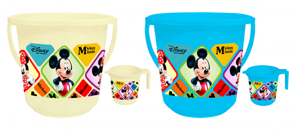 Kuber Industries Disney Mickey Minnie Print 4 Pieces Unbreakable Virgin Plastic Bathroom Bucket With Mug Set- Cream &amp; Blue, (2 Pc 16 LTR Bucket &amp; 2 Pc 500 ML Mug) -HS_35_KUBMART17949