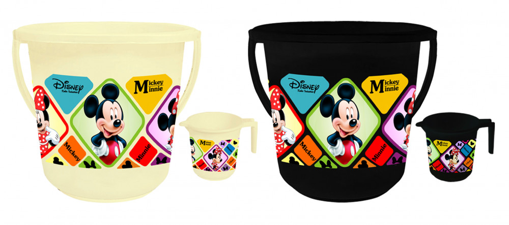 Kuber Industries Disney Mickey Minnie Print 4 Pieces Unbreakable Virgin Plastic Bathroom Bucket With Mug Set- Cream &amp; Black, (2 Pc 16 LTR Bucket &amp; 2 Pc 500 ML Mug) -HS_35_KUBMART17951