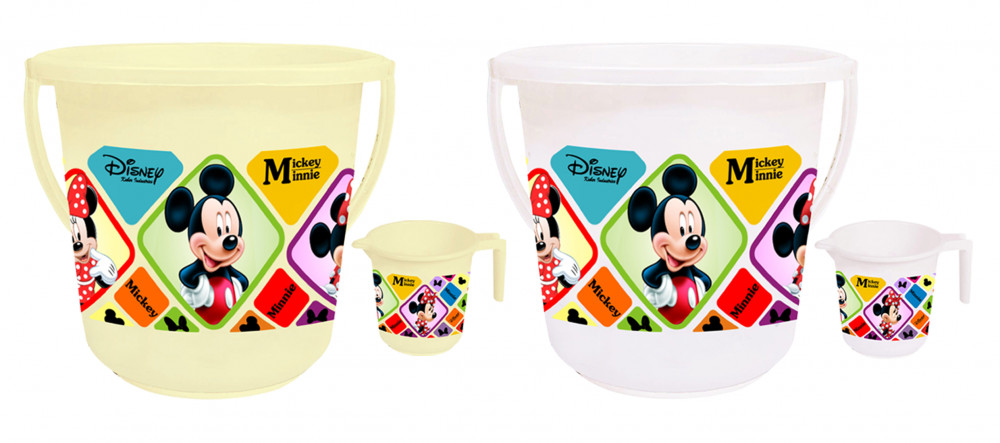 Kuber Industries Disney Mickey Minnie Print 4 Pieces Unbreakable Virgin Plastic Bathroom Bucket With Mug Set- Cream &amp; White, (2 Pc 16 LTR Bucket &amp; 2 Pc 500 ML Mug) -HS_35_KUBMART17953