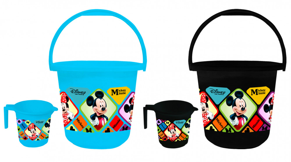 Kuber Industries Disney Mickey Minnie Print 4 Pieces Unbreakable Virgin Plastic Bathroom Bucket With Mug Set- Blue &amp; Black, (2 Pc 16 LTR Bucket &amp; 2 Pc 500 ML Mug) -HS_35_KUBMART17955