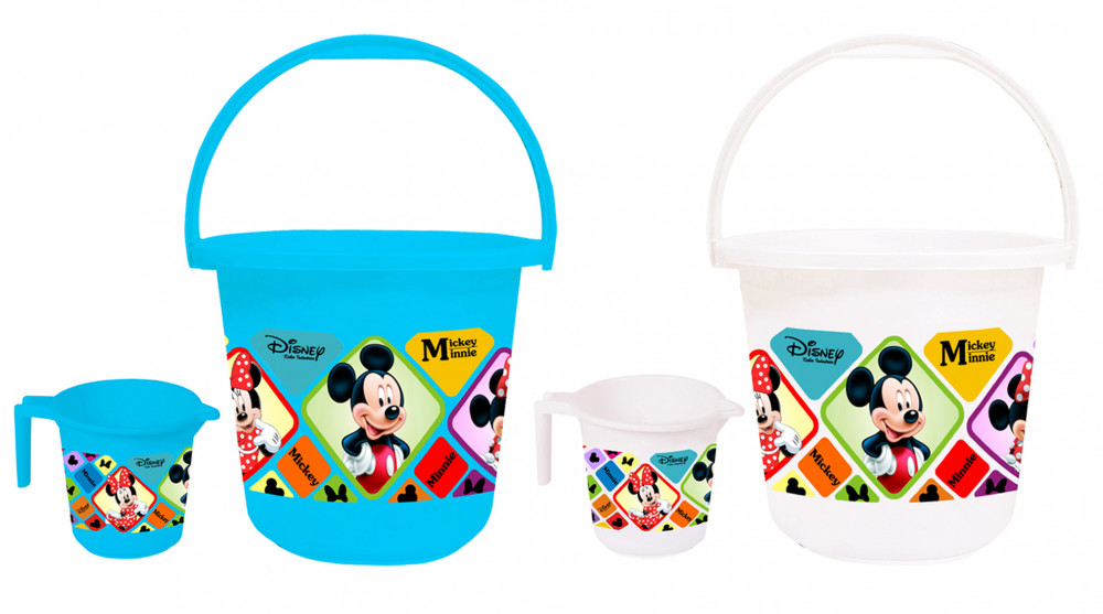Kuber Industries Disney Mickey Minnie Print 4 Pieces Unbreakable Virgin Plastic Bathroom Bucket With Mug Set- Blue &amp; White, (2 Pc 16 LTR Bucket &amp; 2 Pc 500 ML Mug) -HS_35_KUBMART17957
