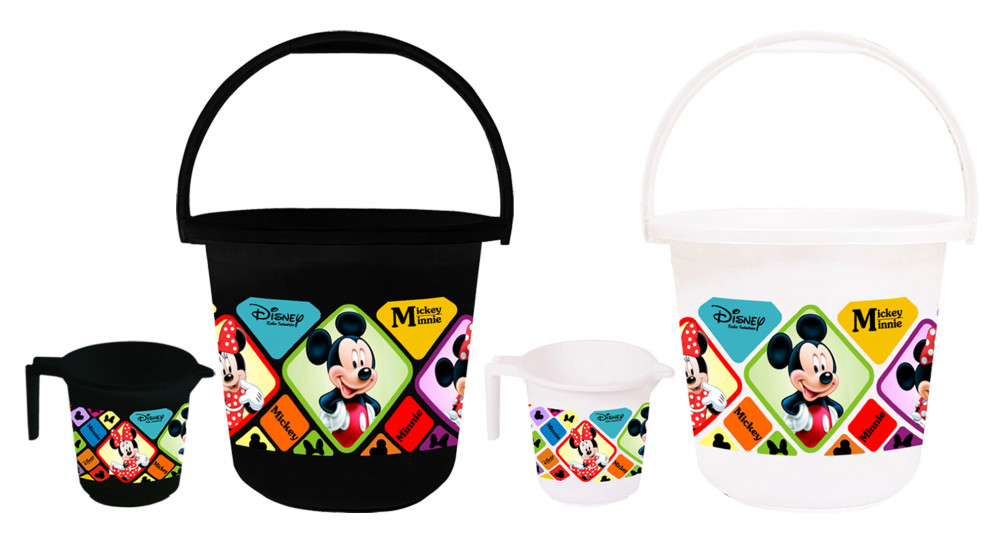 Kuber Industries Disney Mickey Minnie Print 4 Pieces Unbreakable Virgin Plastic Bathroom Bucket With Mug Set- Black &amp; White, (2 Pc 16 LTR Bucket &amp; 2 Pc 500 ML Mug) -HS_35_KUBMART17959