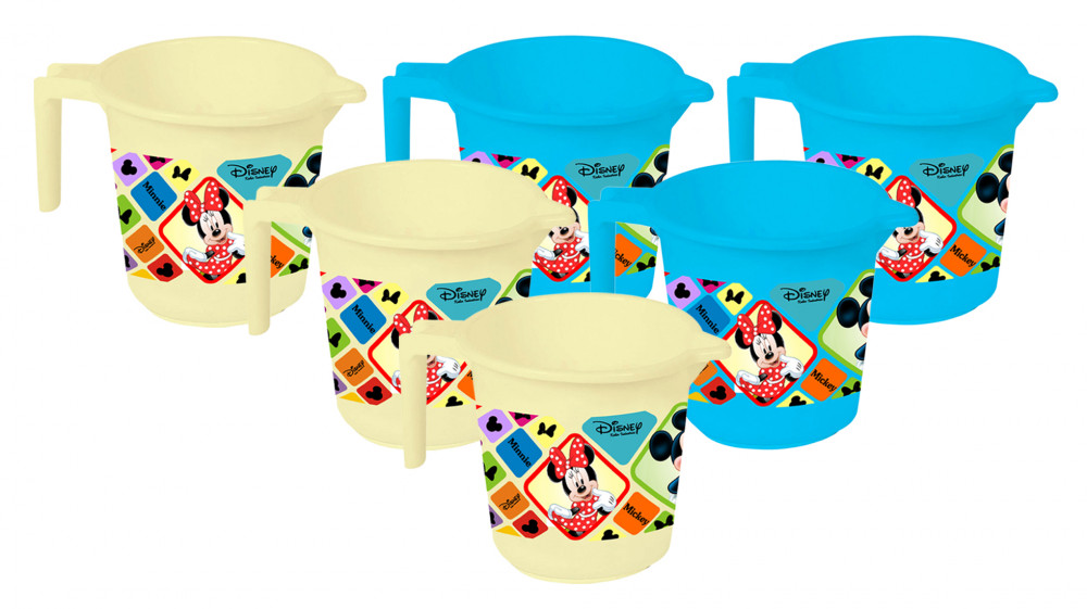 Kuber Industries Disney Mickey Minnie Print 6 Pieces Unbreakable Strong Plastic Bathroom Mug,500 ML (Cream &amp; Blue) -HS_35_KUBMART17605