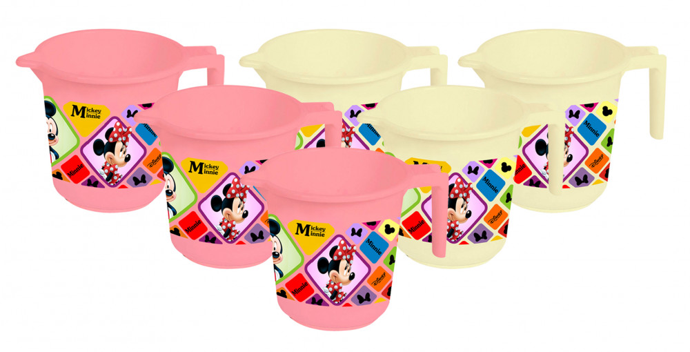 Kuber Industries Disney Mickey Minnie Print 6 Pieces Unbreakable Strong Plastic Bathroom Mug,500 ML (Pink &amp; Cream) -HS_35_KUBMART17597