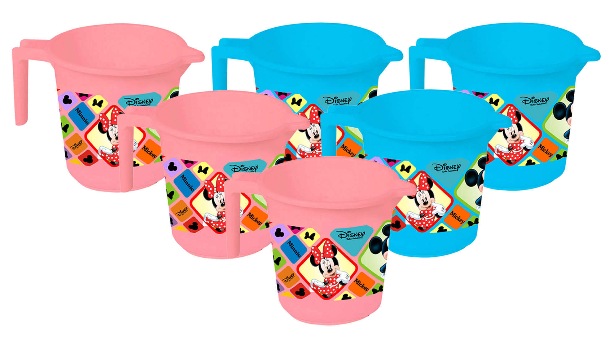 Kuber Industries Disney Mickey Minnie Print 6 Pieces Unbreakable Strong Plastic Bathroom Mug,500 ML (Pink & Blue) -HS_35_KUBMART17599