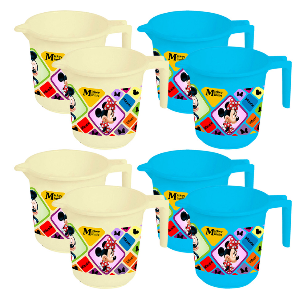 Kuber Industries Disney Mickey Minnie Print 8 Pieces Unbreakable Strong Plastic Bathroom Mug,500 ML (Cream &amp; Blue) -HS_35_KUBMART17637