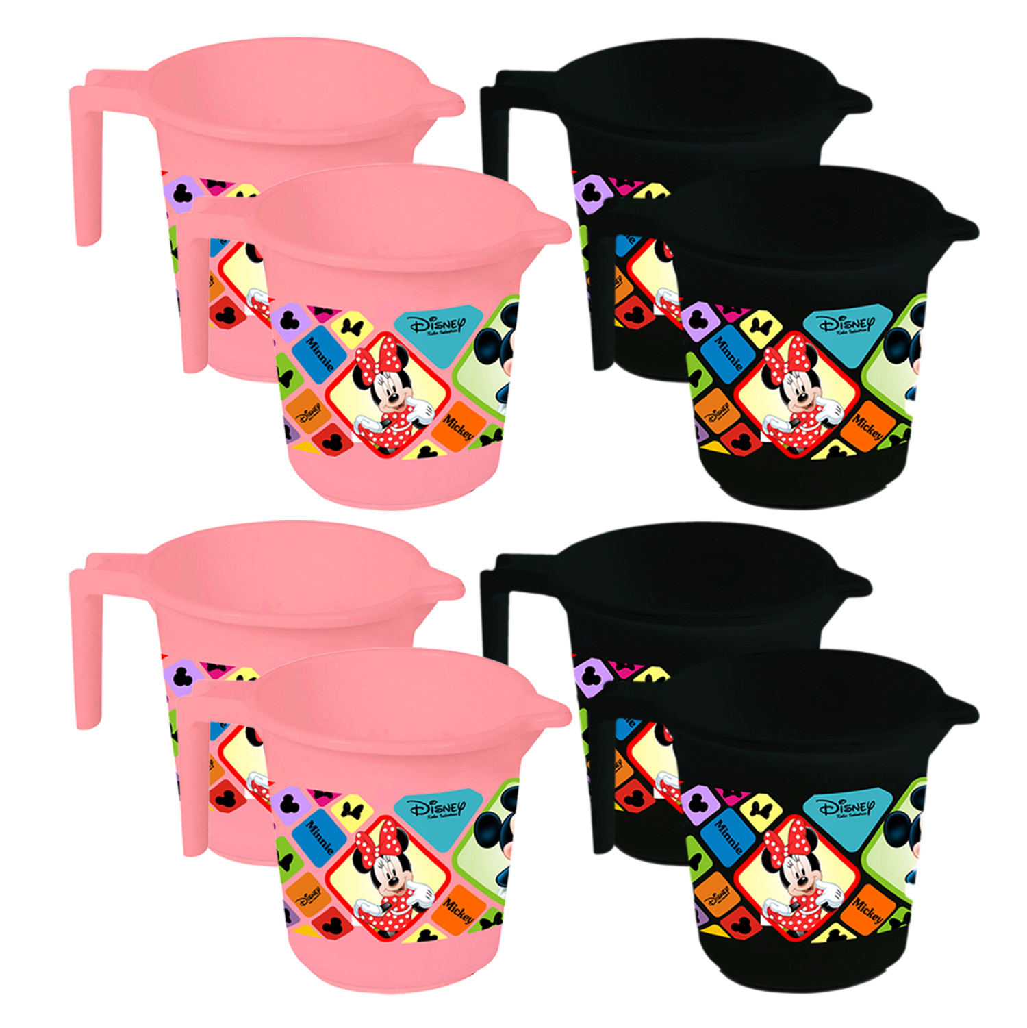 Kuber Industries Disney Mickey Minnie Print 8 Pieces Unbreakable Strong Plastic Bathroom Mug,500 ML (Pink & Black) -HS_35_KUBMART17633