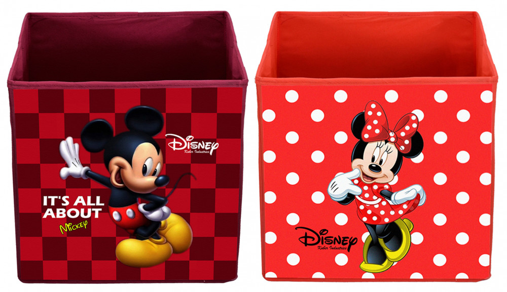 Kuber Industries Disney Mickey Minnie Print Non Woven Fabric Foldable Large Size Storage Cube Toy,Books,Shoes Storage Box With Handle (Red &amp; Maroon)