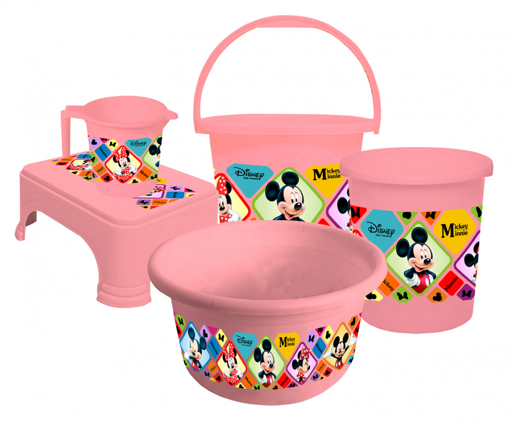 Kuber Industries Disney Mickey Minnie Print Plastic Bathroom Set of 5 Pieces with Bucket, Tub, Stool, Dustbin &amp; Mug (Pink)-KUBMART15273 -HS_35_KUBMART17961