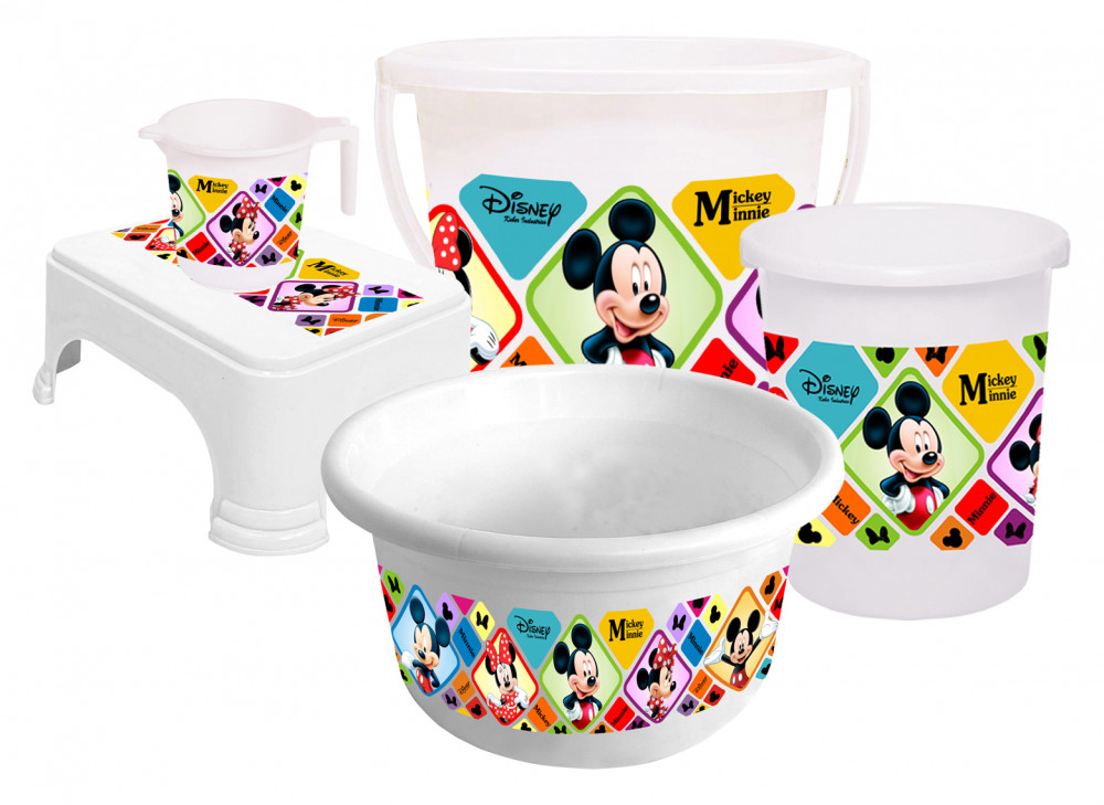 Kuber Industries Disney Mickey Minnie Print Plastic Bathroom Set of 5 Pieces with Bucket, Tub, Stool, Dustbin &amp; Mug (White)-KUBMART15273 -HS_35_KUBMART17969