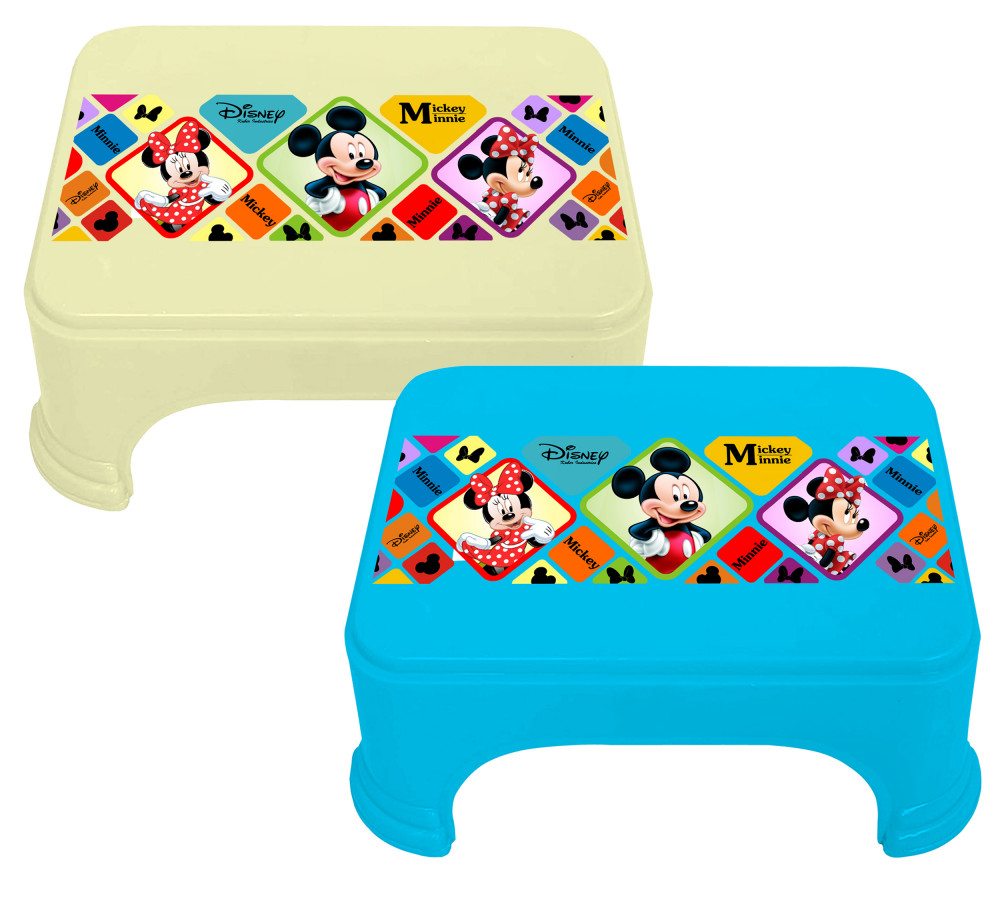 Kuber Industries Disney Mickey Minnie Print Square Plastic Bathroom Stool (Set of 2, Cream &amp; Blue) -HS_35_KUBMART17731