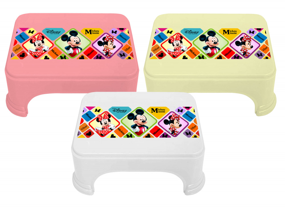 Kuber Industries Disney Mickey Minnie Print Square Plastic Bathroom Stool (Set of 3, Pink &amp; Cream &amp; White) -HS_35_KUBMART17747