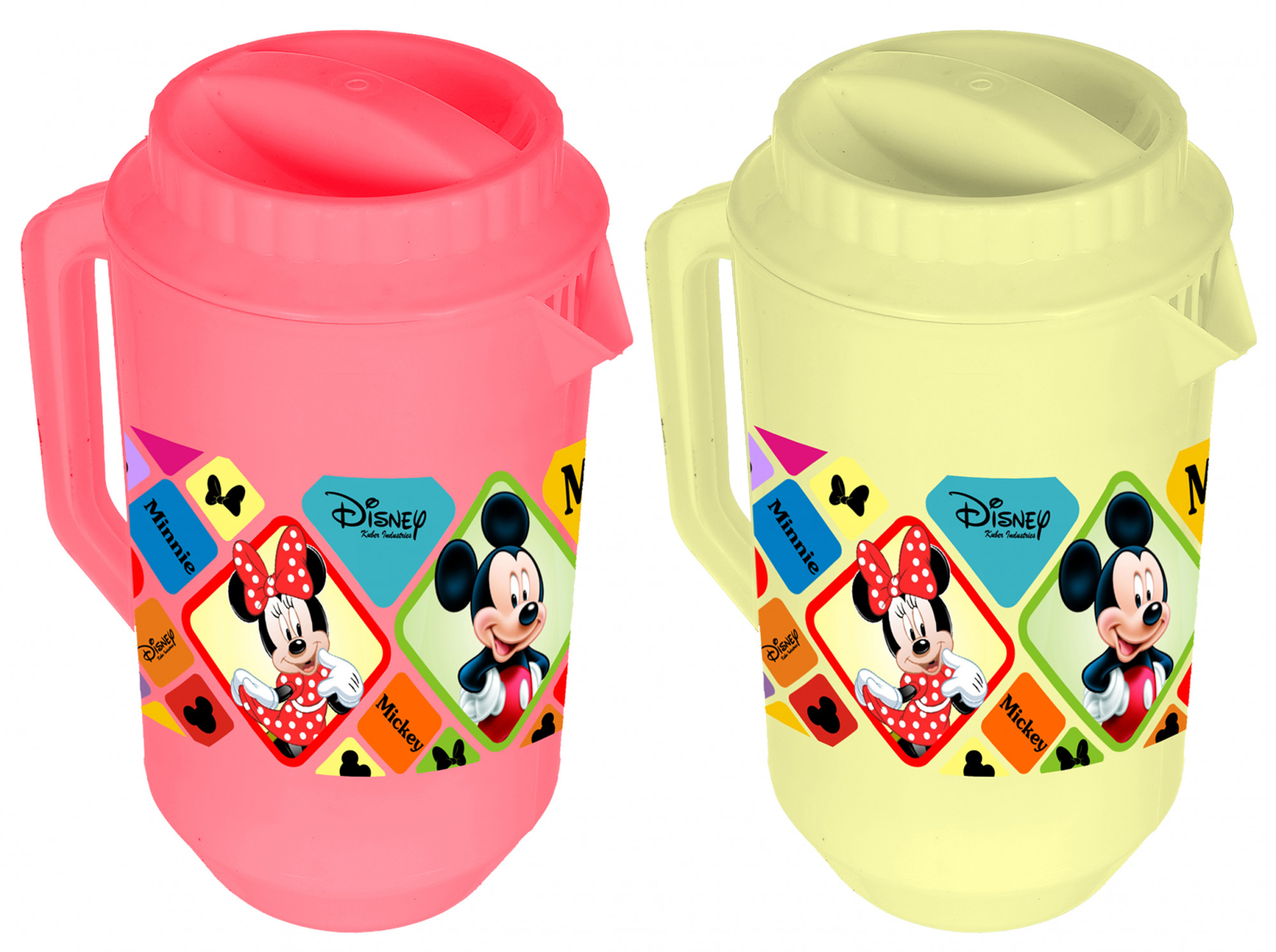 Kuber Industries Disney Mickey Minnie Print Unbreakable Multipurpose Plastic Water & Juice Jug With Lid,2 Ltr (Set Of 2, Pink & Cream)