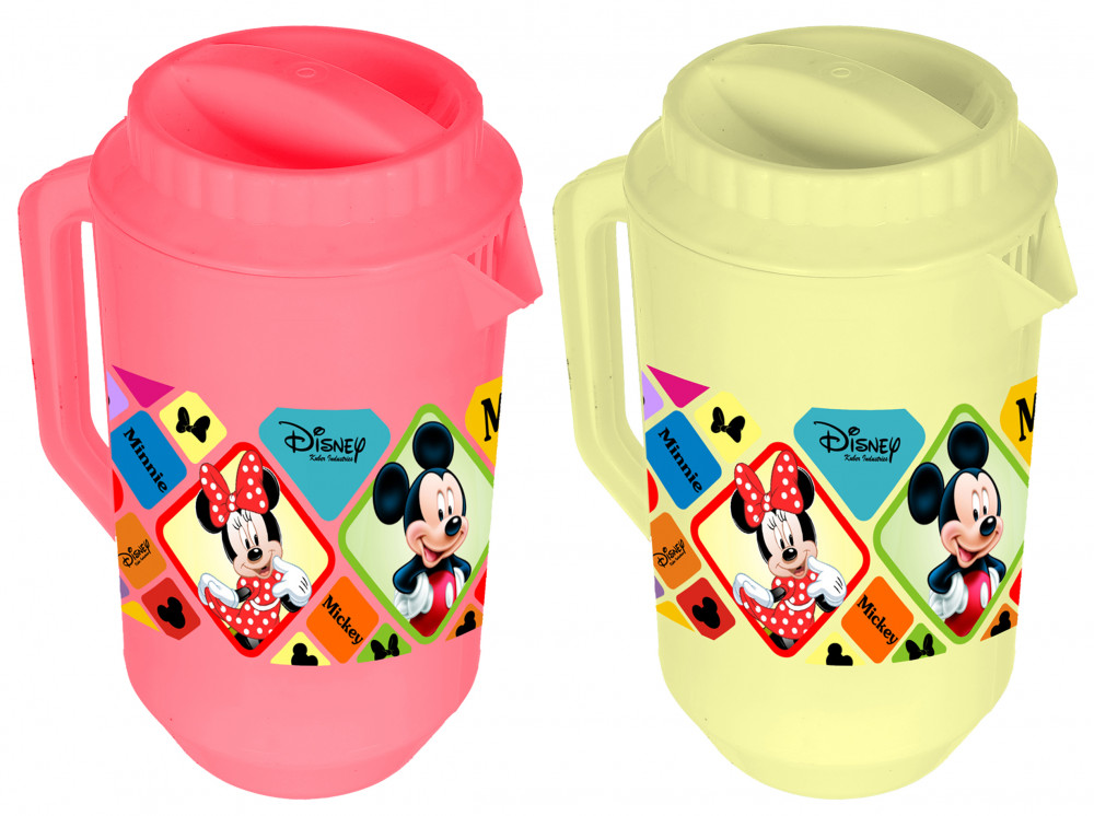 Kuber Industries Disney Mickey Minnie Print Unbreakable Multipurpose Plastic Water &amp; Juice Jug With Lid,2 Ltr (Set Of 2, Pink &amp; Cream)