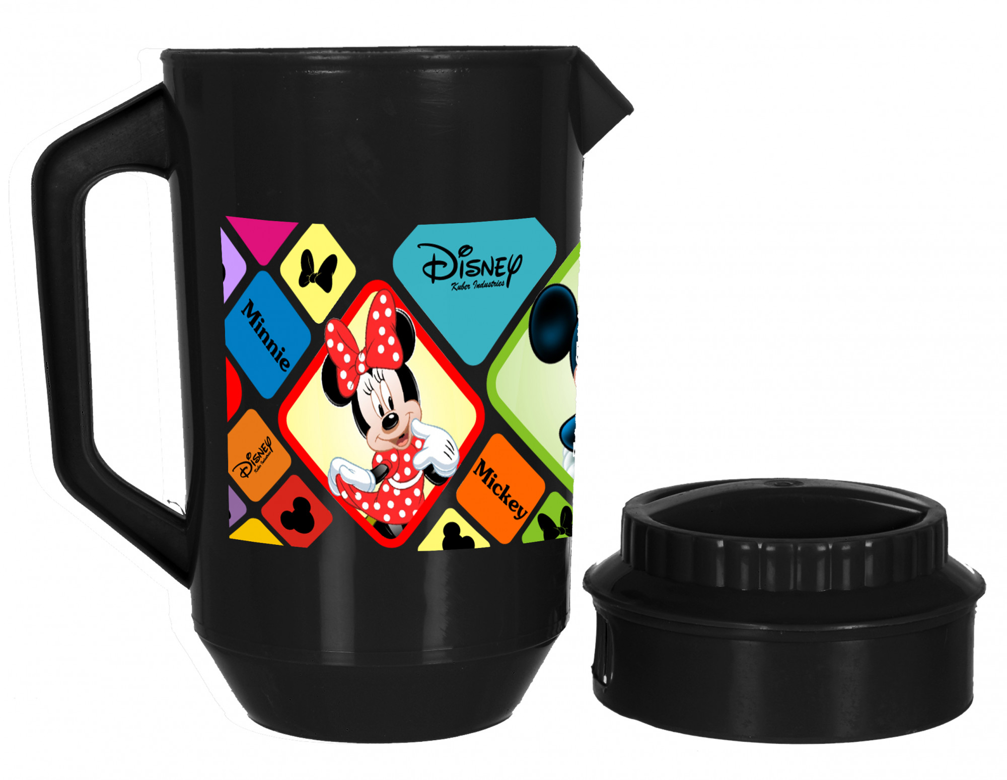 Kuber Industries Disney Mickey Minnie Print Unbreakable Multipurpose Plastic Water & Juice Jug With Lid,2 Ltr (Set Of 2, Black & White)