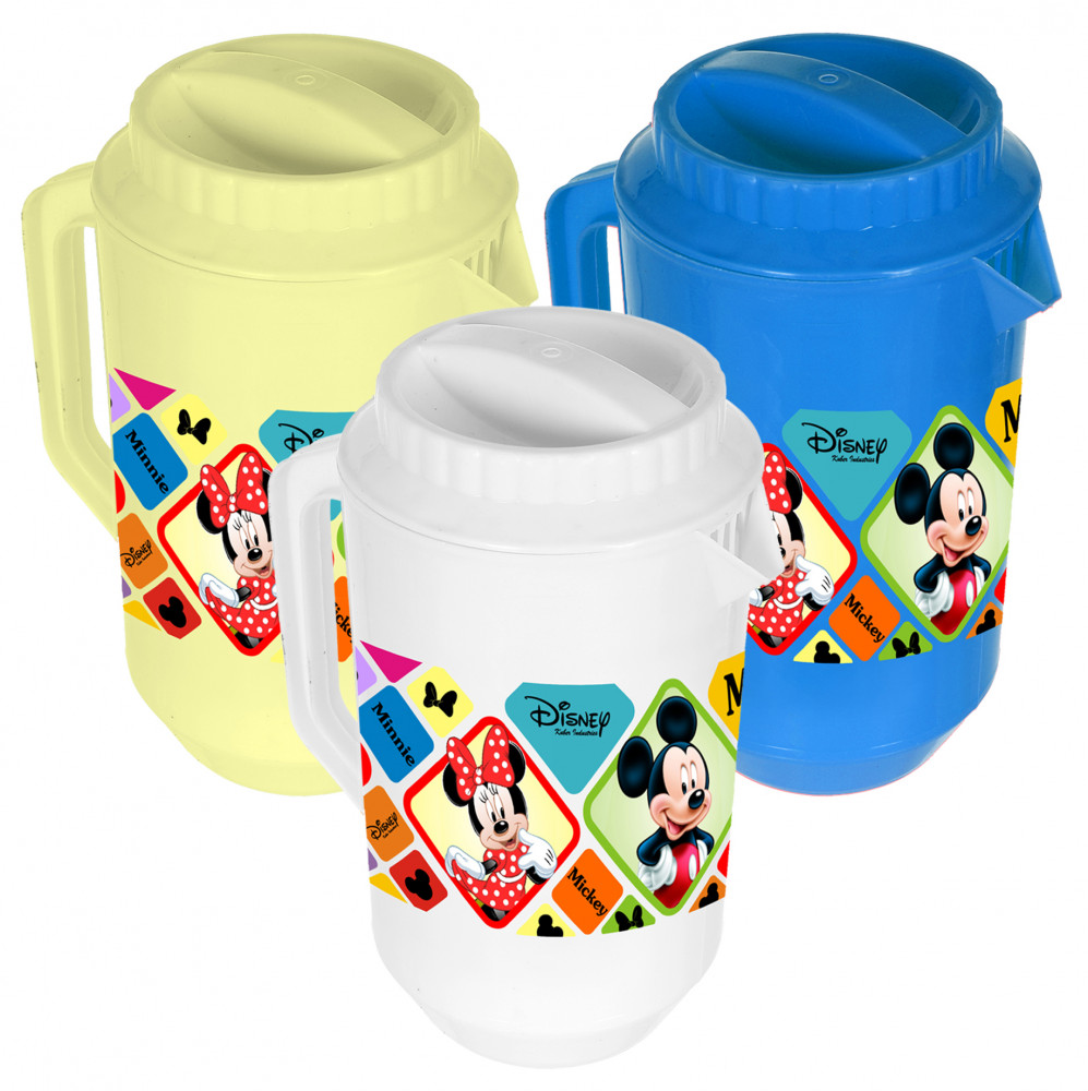 Kuber Industries Disney Mickey Minnie Print Unbreakable Multipurpose Plastic Water &amp; Juice Jug With Lid,2 Ltr (Set of 3,Cream &amp; Blue &amp; White)