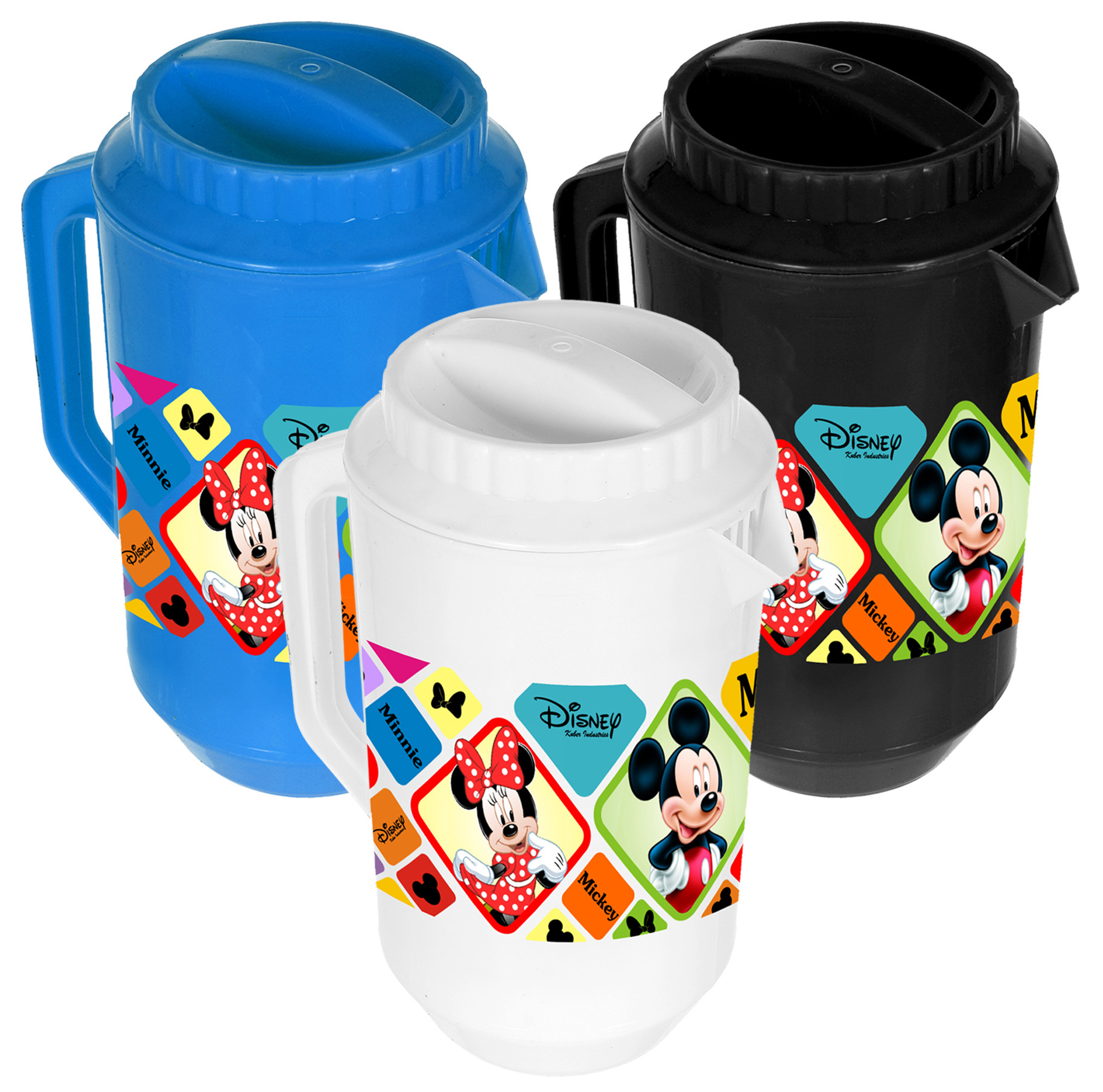 Kuber Industries Disney Mickey Minnie Print Unbreakable Multipurpose Plastic Water & Juice Jug With Lid,2 Ltr (Set of 3,Blue & Black & White)