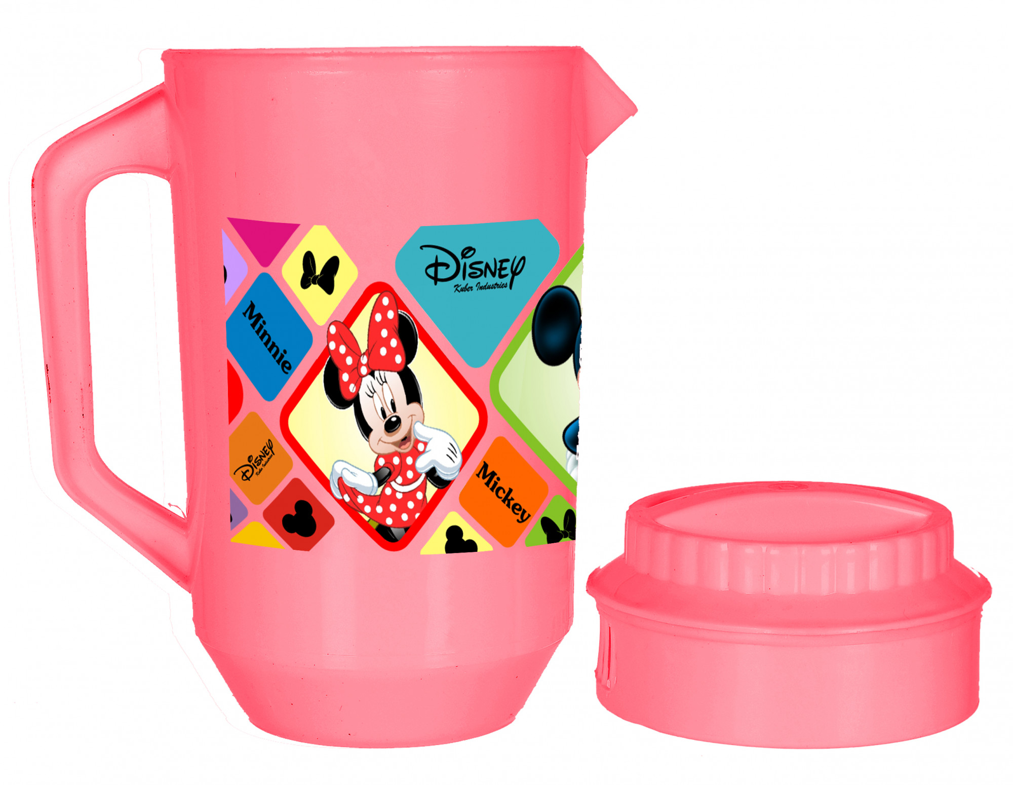 Kuber Industries Disney Mickey Minnie Print Unbreakable Multipurpose Plastic Water & Juice Jug With Lid,2 Ltr (Set of 3,Pink & Blue & White)