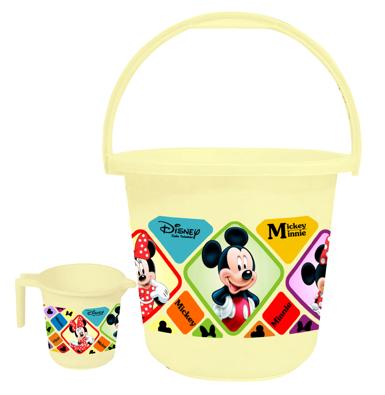 Kuber Industries Disney Mickey Minnie Print Unbreakable Virgin Plastic Bathroom Bucket With Mug Set- Cream, (16 LTR Bucket & 500 ML Mug) -HS_35_KUBMART17925
