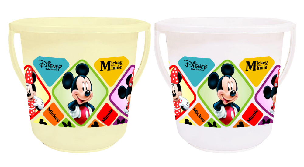 Kuber Industries Disney Mickey Minnie Print Unbreakable Virgin Plastic Strong Bathroom Bucket ,16 LTR (Cream &amp; White)-Pack of 2 -HS_35_KUBMART17859