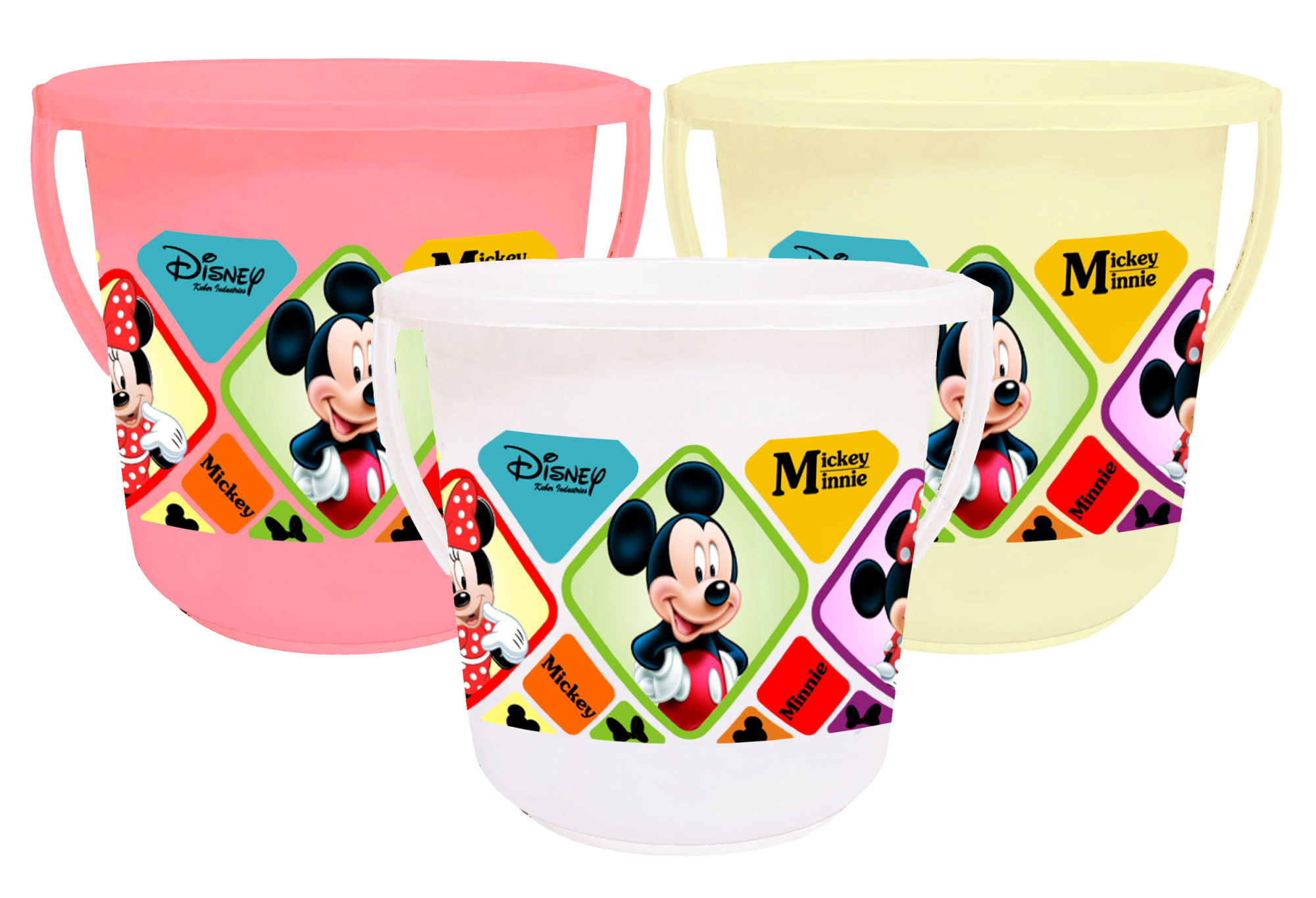 Kuber Industries Disney Mickey Minnie Print Unbreakable Virgin Plastic Strong Bathroom Bucket ,16 LTR (Pink & Cream & White)-Pack of 3 -HS_35_KUBMART17871