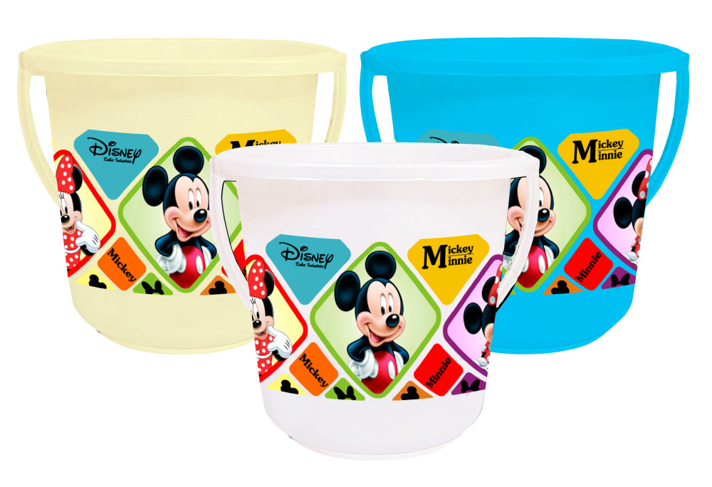 Kuber Industries Disney Mickey Minnie Print Unbreakable Virgin Plastic Strong Bathroom Bucket ,16 LTR (Cream &amp; Blue &amp; White)-Pack of 3 -HS_35_KUBMART17875