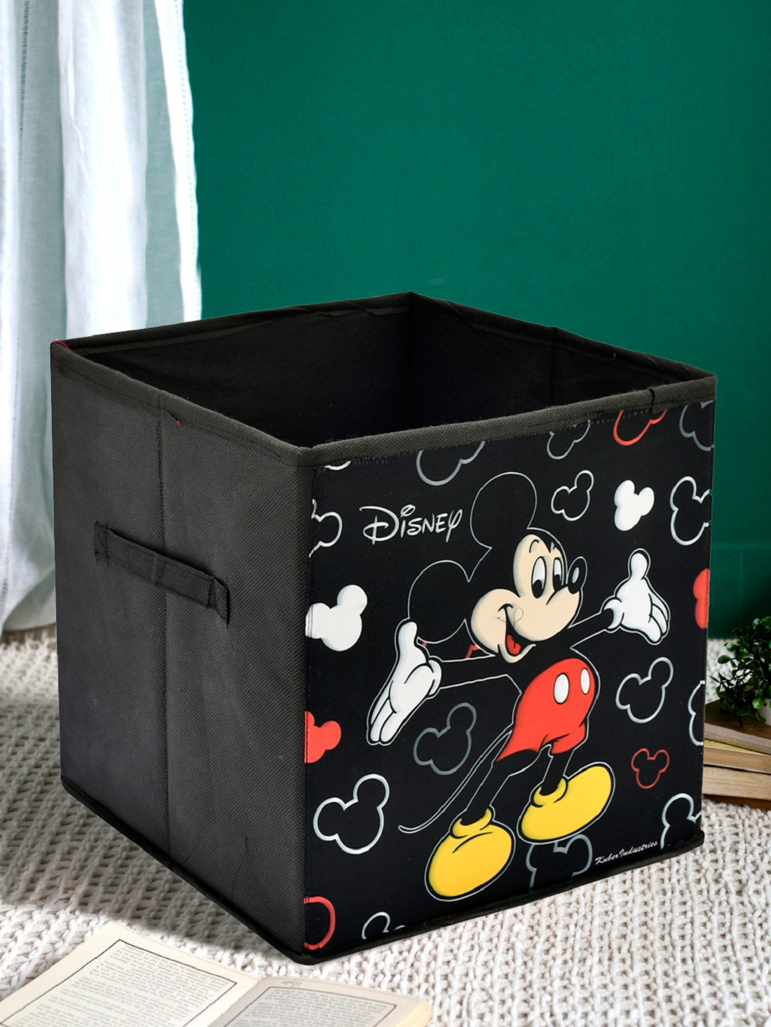 Kuber Industries Disney Mickey Mouse Print Non Woven Large Size Fabric Foldable Laundry Basket And Small Size Cube Toy,Books,Shoes Storage Box With Handle (Set Of 2, Black)-KUBMRT11899