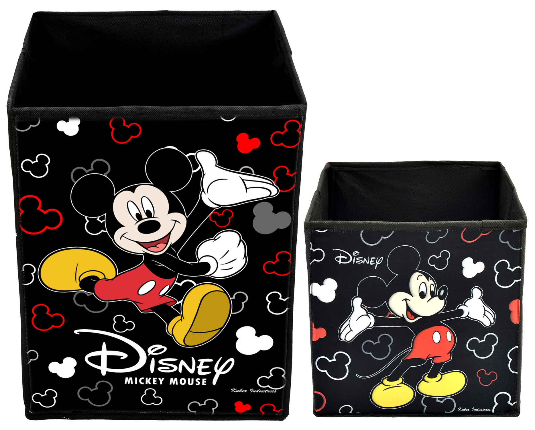 Kuber Industries Disney Mickey Mouse Print Non Woven Large Size Fabric Foldable Laundry Basket And Small Size Cube Toy,Books,Shoes Storage Box With Handle (Set Of 2, Black)-KUBMRT11899