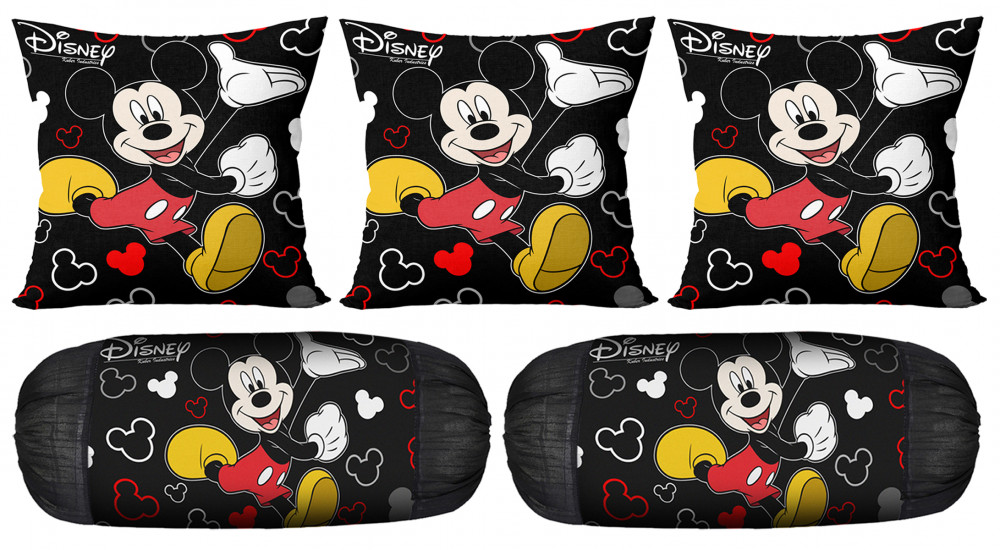 Kuber Industries Disney Mickey Print Silk Special long Crush Bolster Cover &amp; Cushion Cover Set Of 5 Pcs (Black)