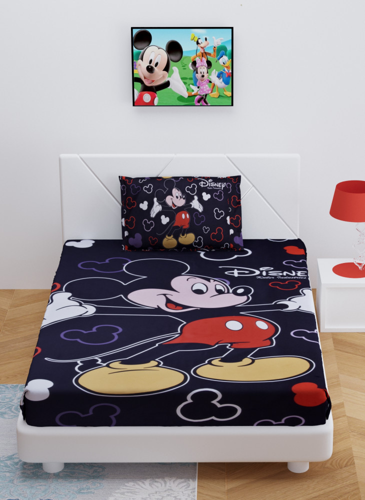 Kuber Industries Disney Mickey Print Silk Special long Crush Single Bedsheet with 1 Pillow Cover (Black)