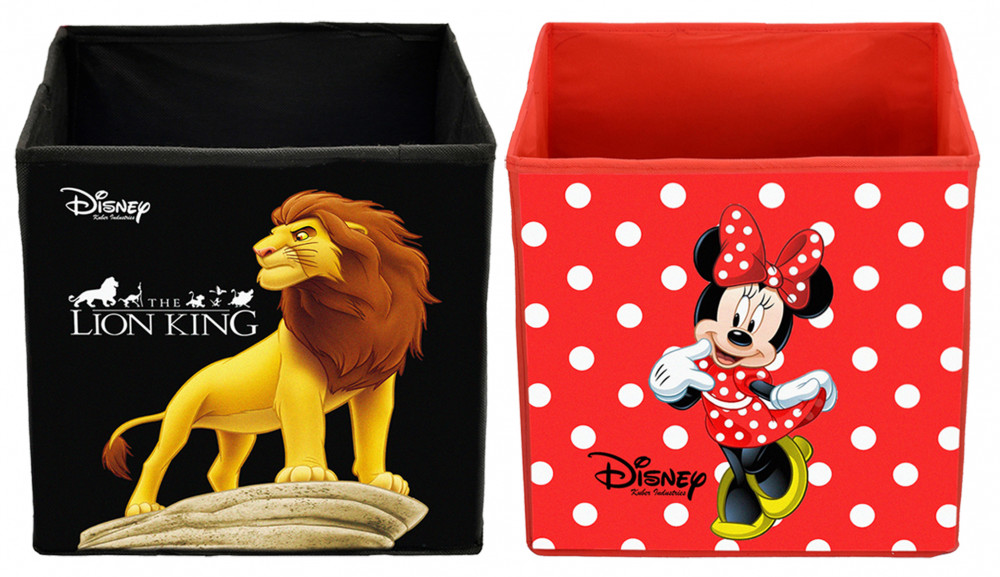 Kuber Industries Disney Minnie Lion King Print Non Woven Fabric Foldable Large Size Storage Cube Toy,Books,Shoes Storage Box With Handle (Black &amp; Red)