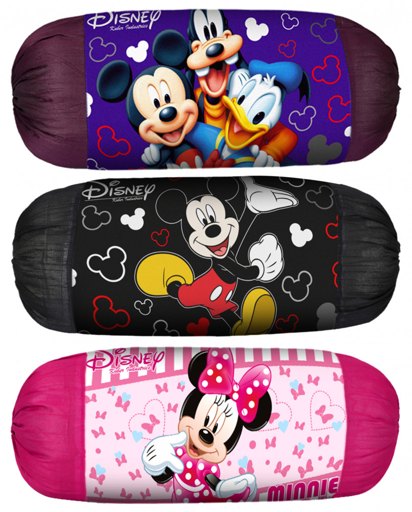 Kuber Industries Disney Minnie Mickey Print Silk Special long Crush Bolster Cover- Set of 3, Roral Blue &amp; Black &amp; Pink