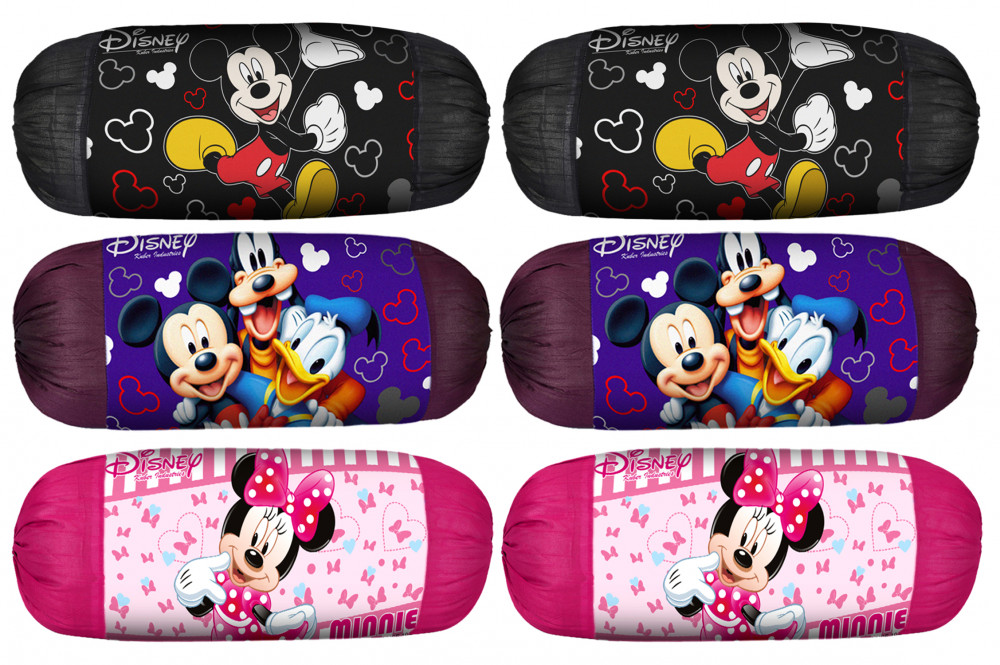 Kuber Industries Disney Minnie Mickey Print Silk Special long Crush Bolster Cover- Set of 6, Roral Blue &amp; Black &amp; Pink