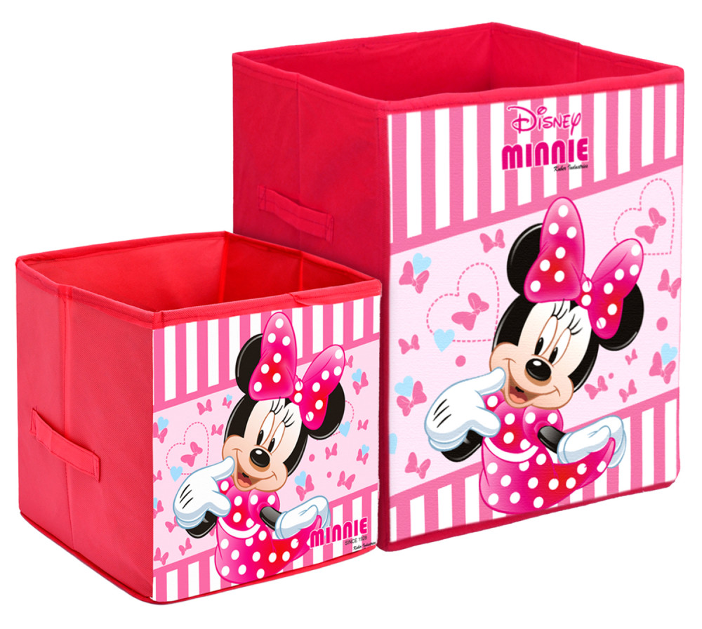 Kuber Industries Disney Minnie Print Non Woven Large Size Fabric Foldable Laundry Basket And Small Size Cube Toy,Books,Shoes Storage Box With Handle (Set Of 2, Pink)-KUBMRT11895