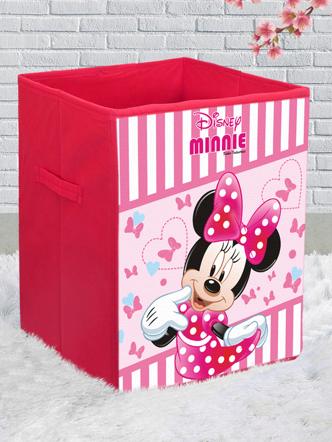 Kuber Industries Disney Minnie Print Non Woven Large Size Fabric Foldable Laundry Basket And Small Size Cube Toy,Books,Shoes Storage Box With Handle (Set Of 2, Pink)-KUBMRT11895