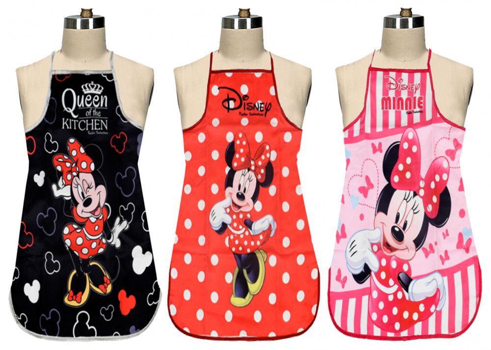Kuber Industries Disney Minnie Print Silk 3 Pieces Waterproof Kitchen Apron (Black &amp; Red &amp; Pink)