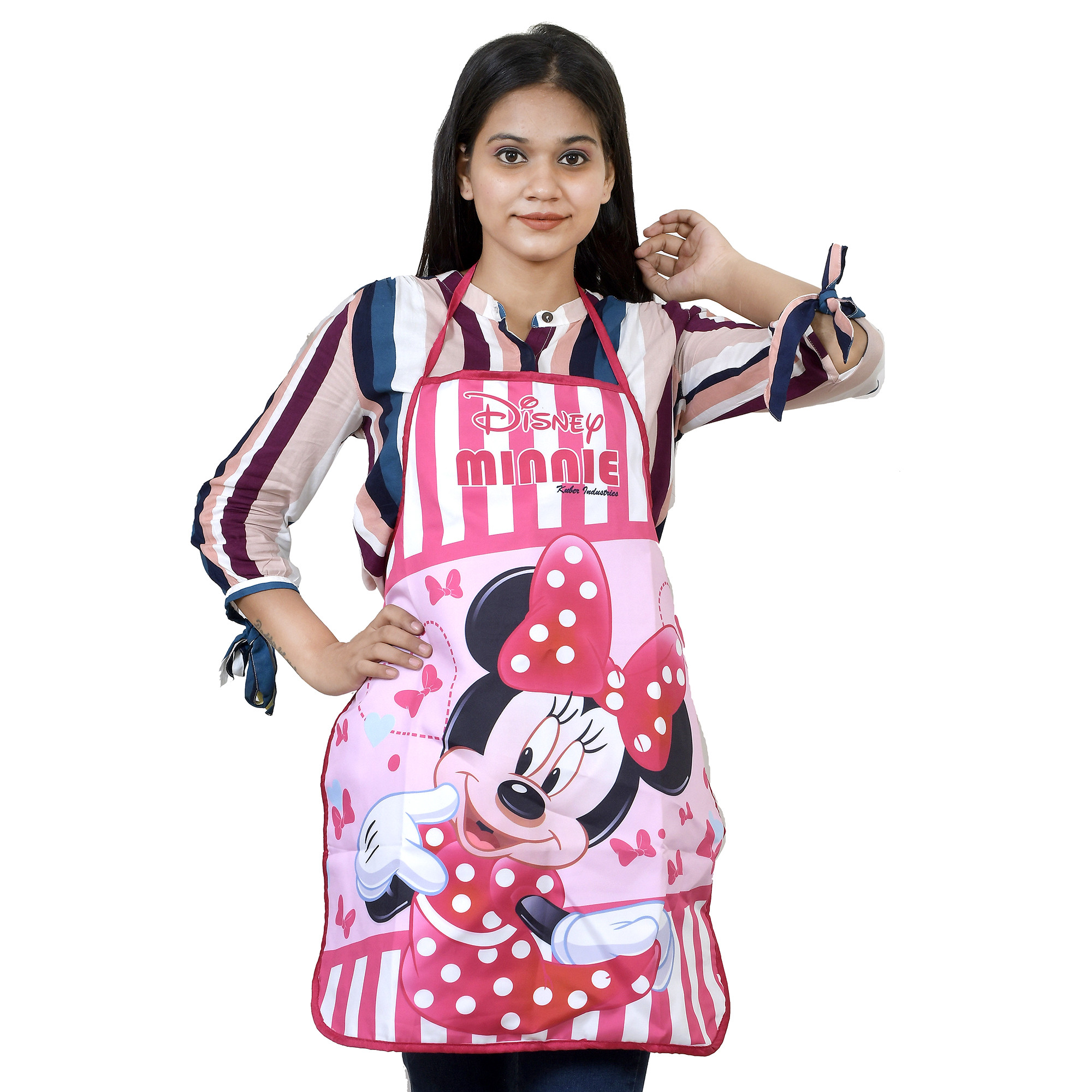 Kuber Industries Disney Minnie Print Silk Kitchen Apron (Red & Pink)